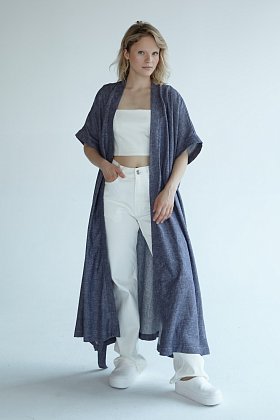 Фото модной одежды - мико кимоно длинное лён синее сезон 2020 года